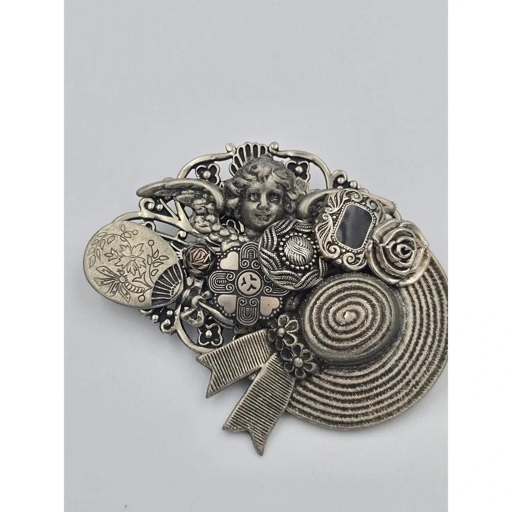 Vintage Style Silver Tone Cherub Fan‎ Hat Bow Collage Brooch Pin Fashion Jewelry